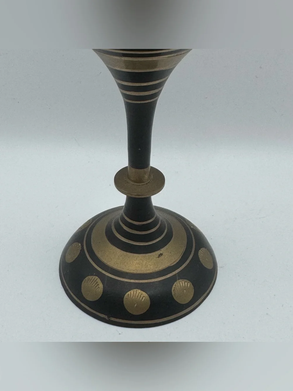 Vintage Indian Brass Vase Black Enamel Engraved Birds Floral Pedestal